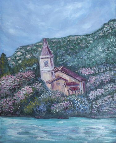 Painting titled "The little church" by Maria Galan, Original Artwork, Oil Mounted on Wood Stretcher frame