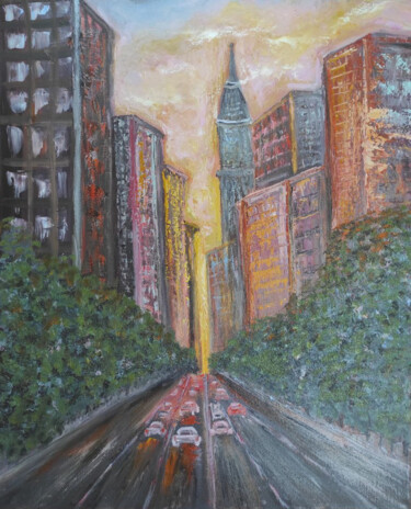 Schilderij getiteld "Urban landscape" door Maria Galan, Origineel Kunstwerk, Olie Gemonteerd op Frame voor houten brancard