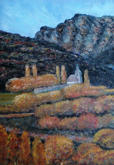 Painting titled "Autumn landscape" by Maria Galan, Original Artwork, Oil Mounted on Wood Stretcher frame