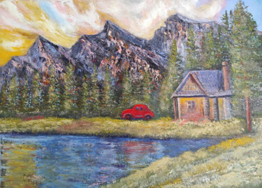 Painting titled "Little mountain hou…" by Maria Galan, Original Artwork, Oil Mounted on Wood Stretcher frame