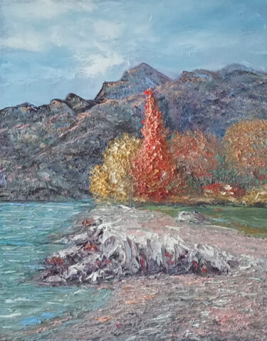 Peinture intitulée "Garda shore" par Maria Galan, Œuvre d'art originale, Huile Monté sur Châssis en bois