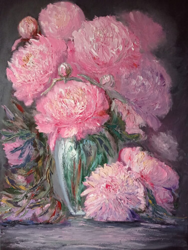 Painting titled "Peonies, roses with…" by Maria Galan, Original Artwork, Oil Mounted on Wood Stretcher frame