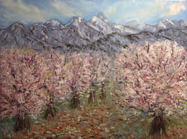 Painting titled "March's gardens" by Maria Galan, Original Artwork, Oil Mounted on Wood Stretcher frame