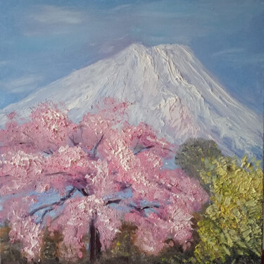 Painting titled "Fuji" by Maria Galan, Original Artwork, Oil Mounted on Wood Stretcher frame