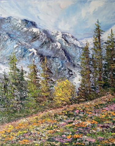 Painting titled "April in the mounta…" by Maria Galan, Original Artwork, Oil Mounted on Wood Stretcher frame