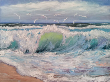 Painting titled "Wave poem" by Maria Galan, Original Artwork, Oil Mounted on Wood Stretcher frame