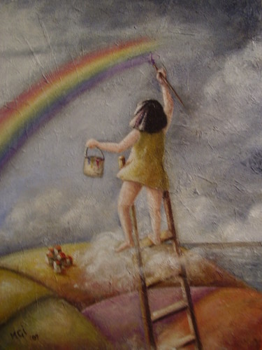Pittura intitolato "Sognando l'arcobale…" da Maria-Grazia Innocenti, Opera d'arte originale, Acrilico