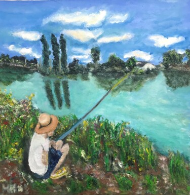 Peinture intitulée "Tiago à la pêche" par Maria Helena Benier - De Macedo, Œuvre d'art originale, Huile