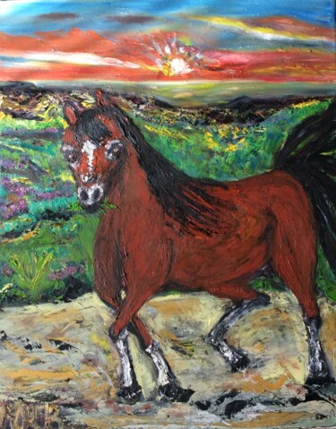 Painting titled "Cheval au galop" by Maria Helena Benier - De Macedo, Original Artwork, Oil