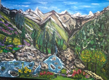 Peinture intitulée "La montagne au prin…" par Maria Helena Benier - De Macedo, Œuvre d'art originale, Huile