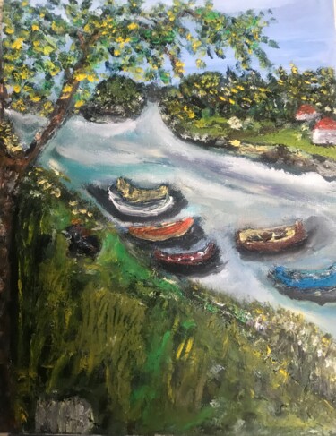 Peinture intitulée "Barques  à Vila nov…" par Maria Helena Benier - De Macedo, Œuvre d'art originale, Huile
