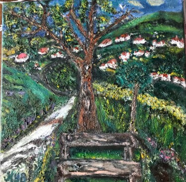 Painting titled "Le village" by Maria Helena Benier - De Macedo, Original Artwork, Oil