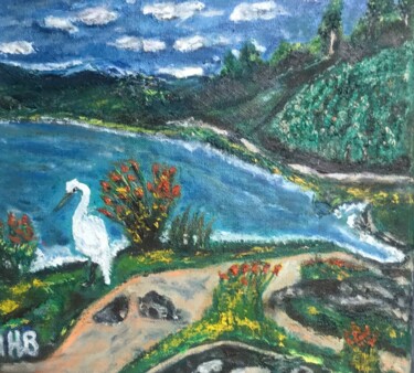 Painting titled "En bord de rivière" by Maria Helena Benier - De Macedo, Original Artwork, Acrylic