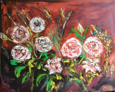 Painting titled "Roses rouges" by Maria Helena Benier - De Macedo, Original Artwork, Oil