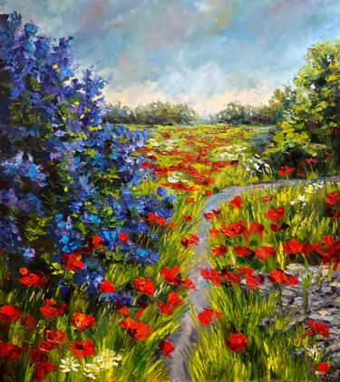 Malarstwo zatytułowany „Poppies and lilac t…” autorstwa Maria Hyhar, Oryginalna praca, Olej Zamontowany na Drewniana rama no…