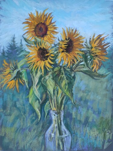 Painting titled "Beautiful sunflower…" by Maria Iakovleva, Original Artwork, Pastel