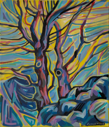 Painting titled "Sunset tree symphony" by Maria Iurkova, Original Artwork, Acrylic Mounted on Wood Stretcher frame