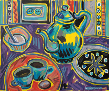Painting titled "The tea is served" by Maria Iurkova, Original Artwork, Acrylic