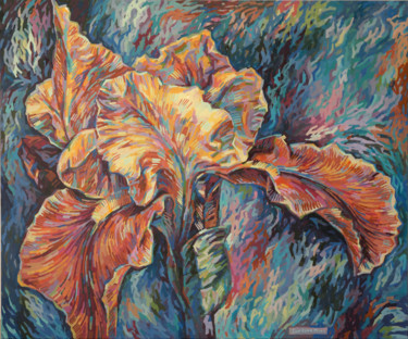 Painting titled "Iris blossom" by Maria Iurkova, Original Artwork, Oil Mounted on Wood Stretcher frame