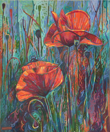 Painting titled "Poppy ballet" by Maria Iurkova, Original Artwork, Oil Mounted on Wood Stretcher frame