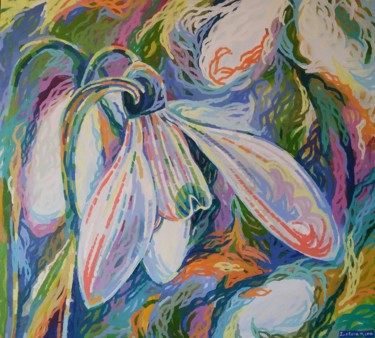Painting titled "Galanthus bow" by Maria Iurkova, Original Artwork, Oil Mounted on Wood Stretcher frame