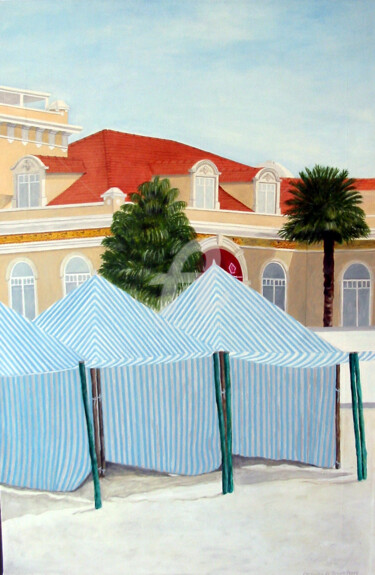 Pintura intitulada "Barracas na Praia”" por Cerqueira De Sousa, Obras de arte originais, Óleo