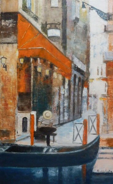 Painting titled "Waiting" by Maria Karalyos, Original Artwork, Oil Mounted on Wood Stretcher frame