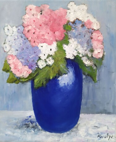 Painting titled "Hydrangeas in a blu…" by Maria Karalyos, Original Artwork, Oil Mounted on Wood Stretcher frame