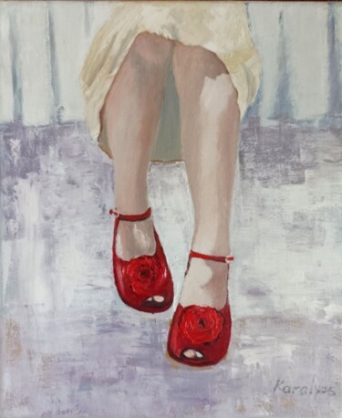 Ζωγραφική με τίτλο "The little red shoes" από Maria Karalyos, Αυθεντικά έργα τέχνης, Λάδι