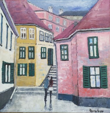 Painting titled "On a Sibiu street" by Maria Karalyos, Original Artwork, Oil Mounted on Wood Stretcher frame