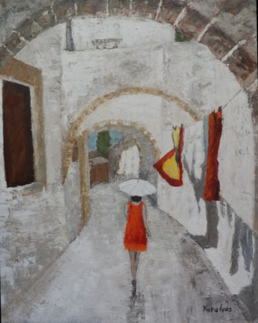Painting titled "Greece Street" by Maria Karalyos, Original Artwork, Oil