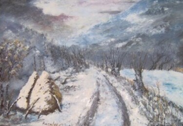 Painting titled "Winter on a road" by Maria Karalyos, Original Artwork
