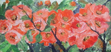 Painting titled "Japanese quince flo…" by Maria Karalyos, Original Artwork, Oil