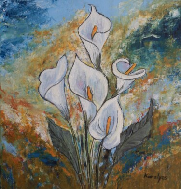 Painting titled "White lillies calla" by Maria Karalyos, Original Artwork, Acrylic