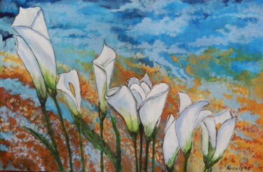 Painting titled "Calla lilies" by Maria Karalyos, Original Artwork, Acrylic