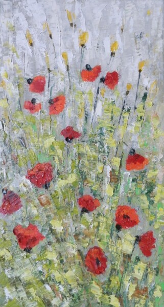 Painting titled "Poppies and yellow…" by Maria Karalyos, Original Artwork, Oil