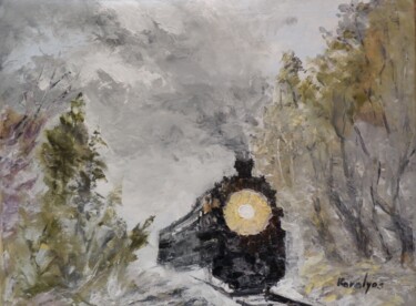 Painting titled "Steam Locomotive" by Maria Karalyos, Original Artwork, Oil