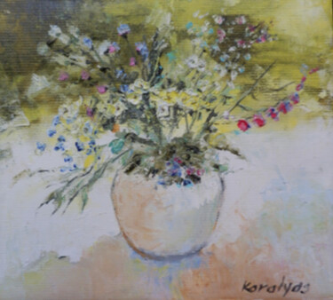Painting titled "Vase with spring fl…" by Maria Karalyos, Original Artwork, Oil