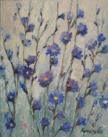 Painting titled "Chicory flowers" by Maria Karalyos, Original Artwork, Oil