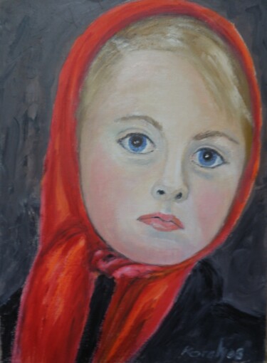 Painting titled "Blonde girl with re…" by Maria Karalyos, Original Artwork, Oil