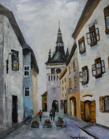 Painting titled "Sighisoara street" by Maria Karalyos, Original Artwork, Oil