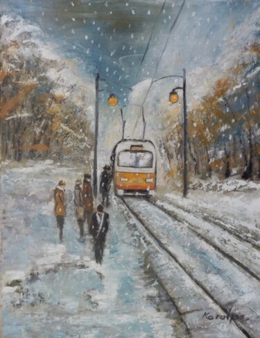 Painting titled "Tram station" by Maria Karalyos, Original Artwork, Oil