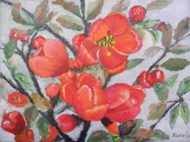 Painting titled "Quince flowers" by Maria Karalyos, Original Artwork, Oil