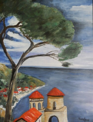Painting titled "Amalfi bay twilight" by Maria Karalyos, Original Artwork, Oil