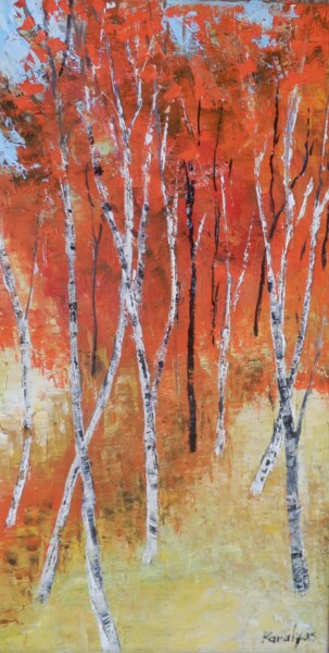 Painting titled "Autumn birches" by Maria Karalyos, Original Artwork, Oil