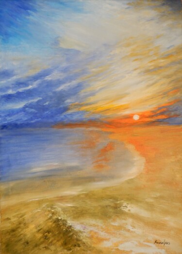 Painting titled "Sunset on the beach" by Maria Karalyos, Original Artwork, Oil