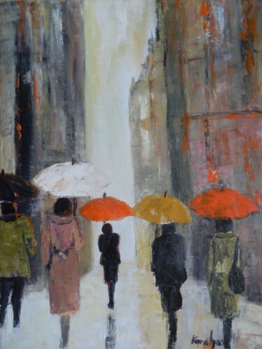 Schilderij getiteld "The umbrellas" door Maria Karalyos, Origineel Kunstwerk, Olie