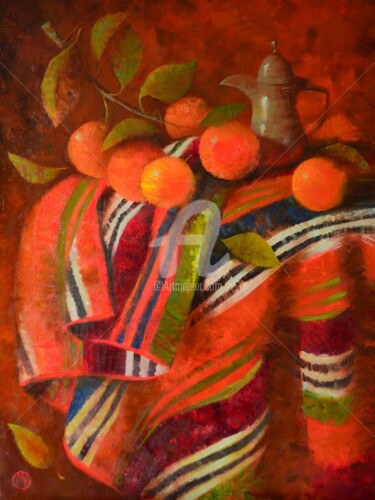 Painting titled "Orange still life" by Maria Kniazeva, Original Artwork, Oil Mounted on Wood Stretcher frame