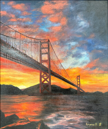 Painting titled "Golden Gate Bridge" by Maria Korshunova, Original Artwork, Oil Mounted on Wood Stretcher frame