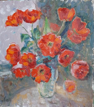 Painting titled "Тюльпаны на подокон…" by Mariia Lemeshova, Original Artwork, Oil Mounted on Cardboard